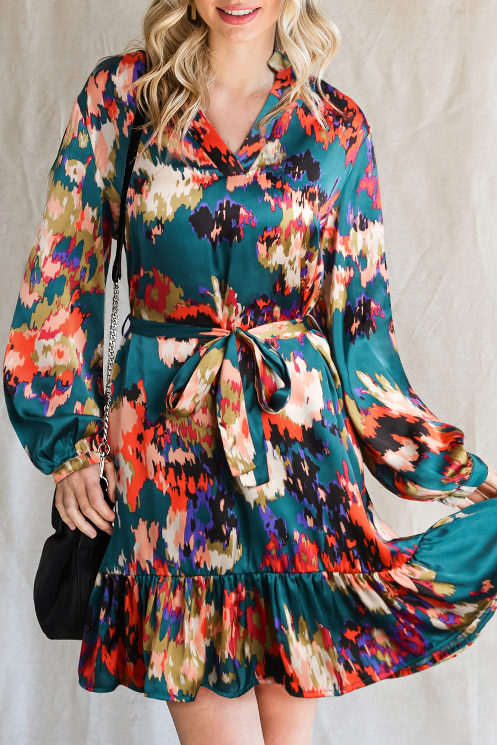 Abstract Print Waist Belted Flounce Hem Split V Neck Long Sleeve Dress