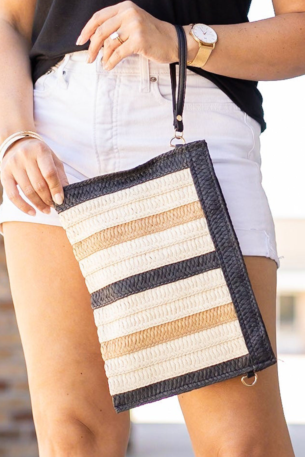 Black Contrast Color Striped Straw Woven Bag