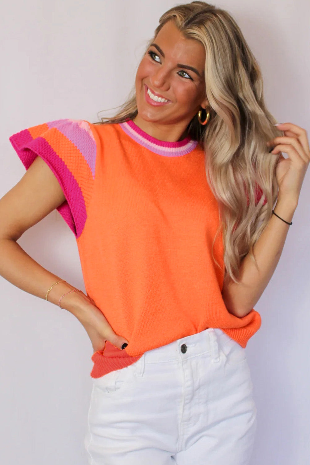 Bright Pink Contrast Sleeve Striped Round Neck Knitted Tee