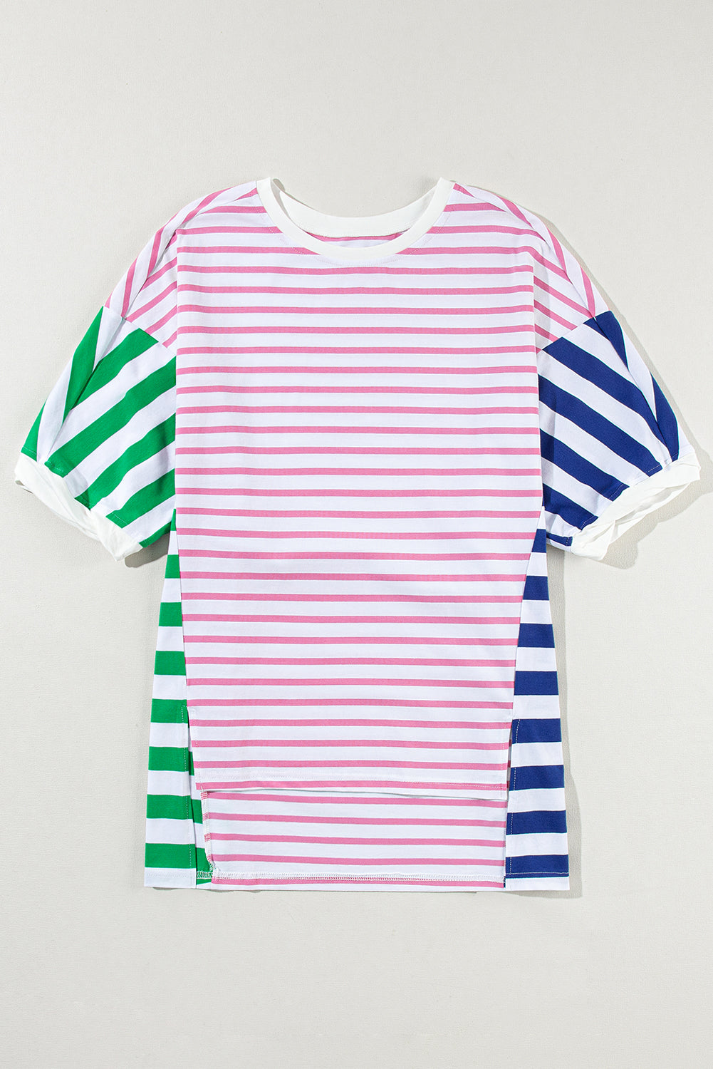 Blue Stripe Patchwork Slits Baggy T Shirt