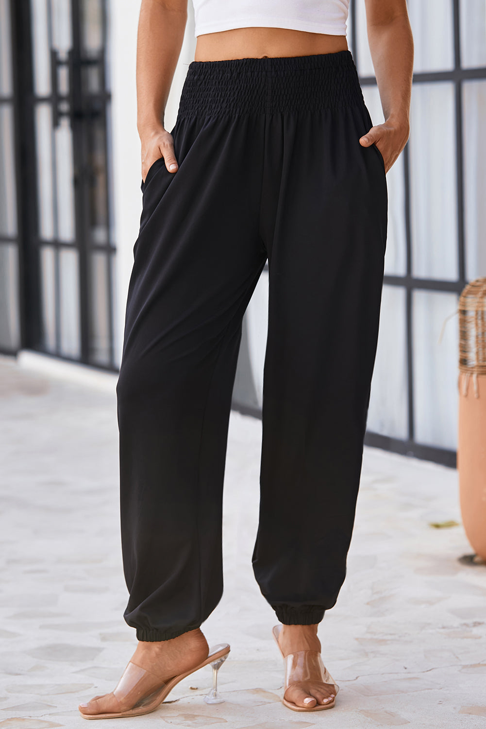 Black Pocketed Smocked High Waist Joggers