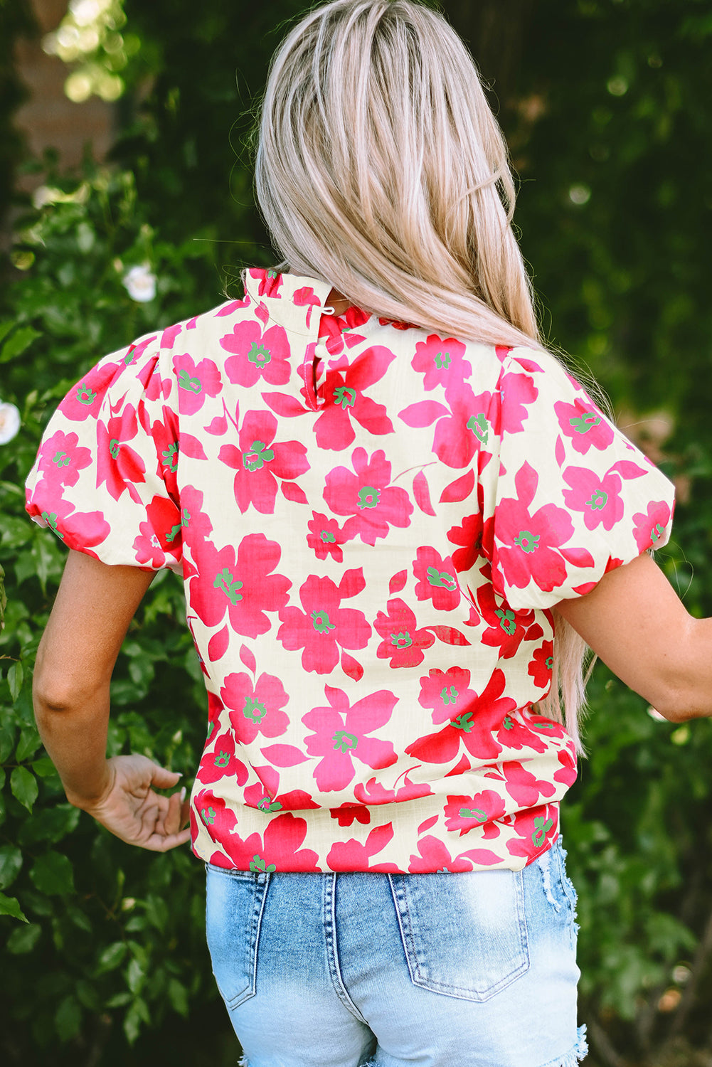 Beige Puff Sleeve Frill Neckline Floral Blouse