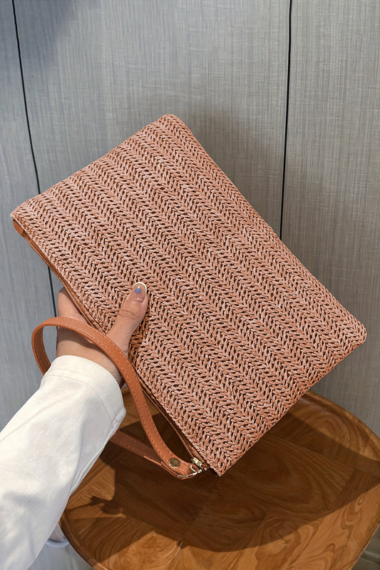 Chestnut Solid Color Woven Wrist Strap Zipper Clutch