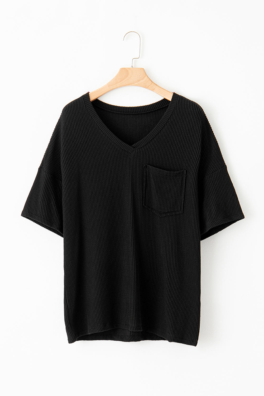 Black Ribbed V Neck Pocket Drop Sleeve T-Shirt