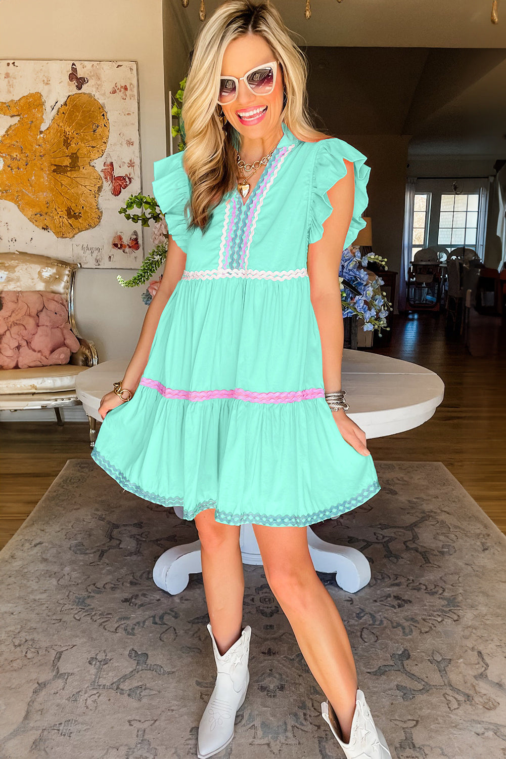 Beau Blue Flutter Sleeve V Neck Ric Rac Tiered Dress