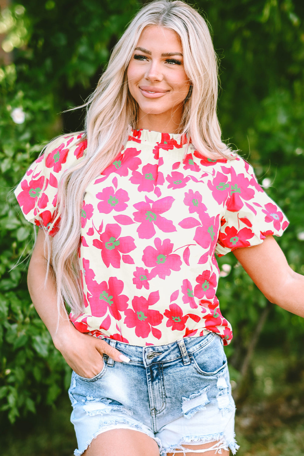 Beige Puff Sleeve Frill Neckline Floral Blouse