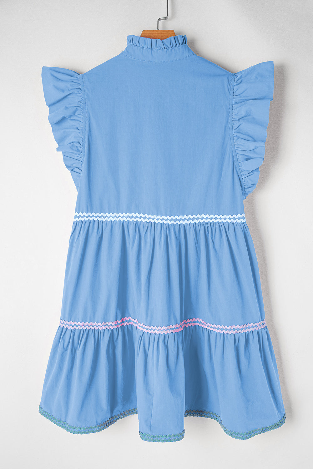 Beau Blue Flutter Sleeve V Neck Ric Rac Tiered Dress