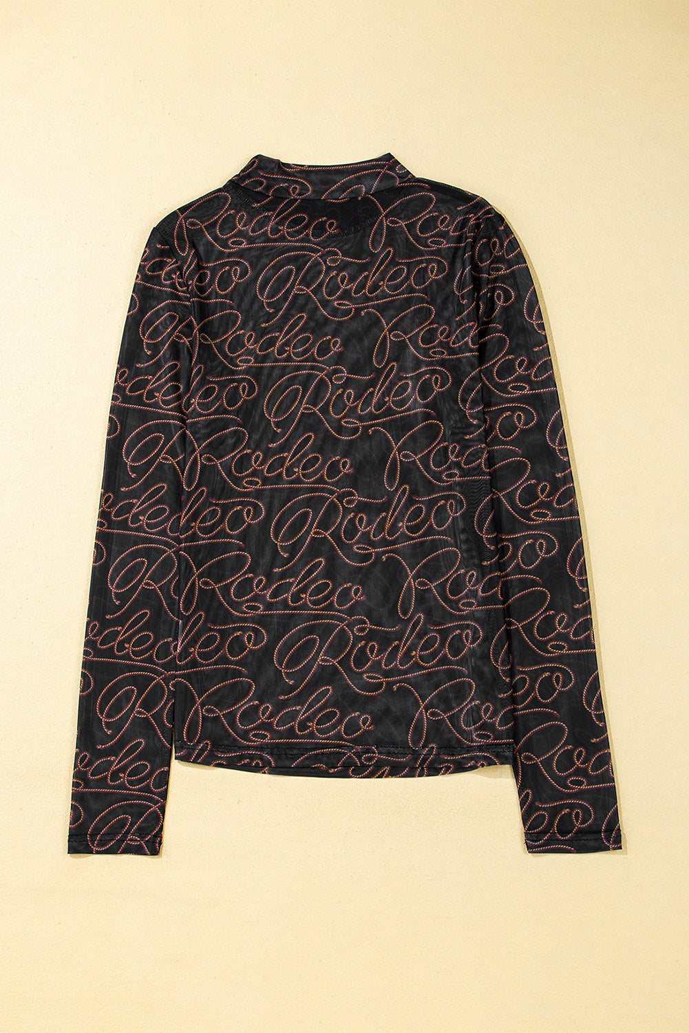 Black Letter Print Mock Neck Long Sleeve Mesh Top