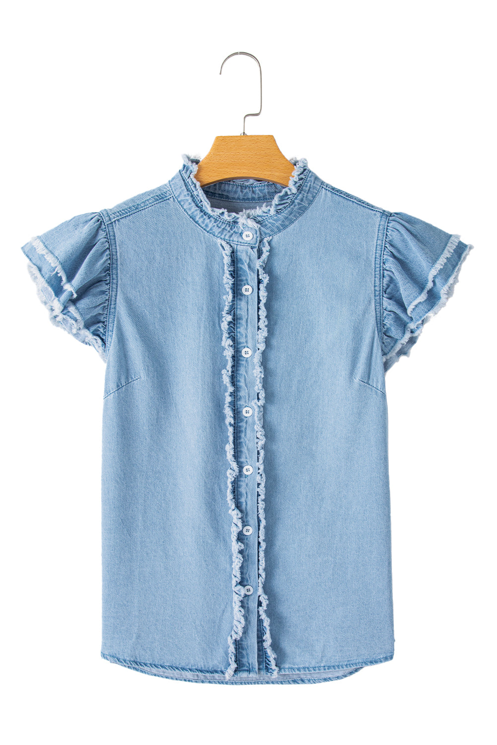 Beau Blue Button Front Ruffled Flutter Frayed Denim Top