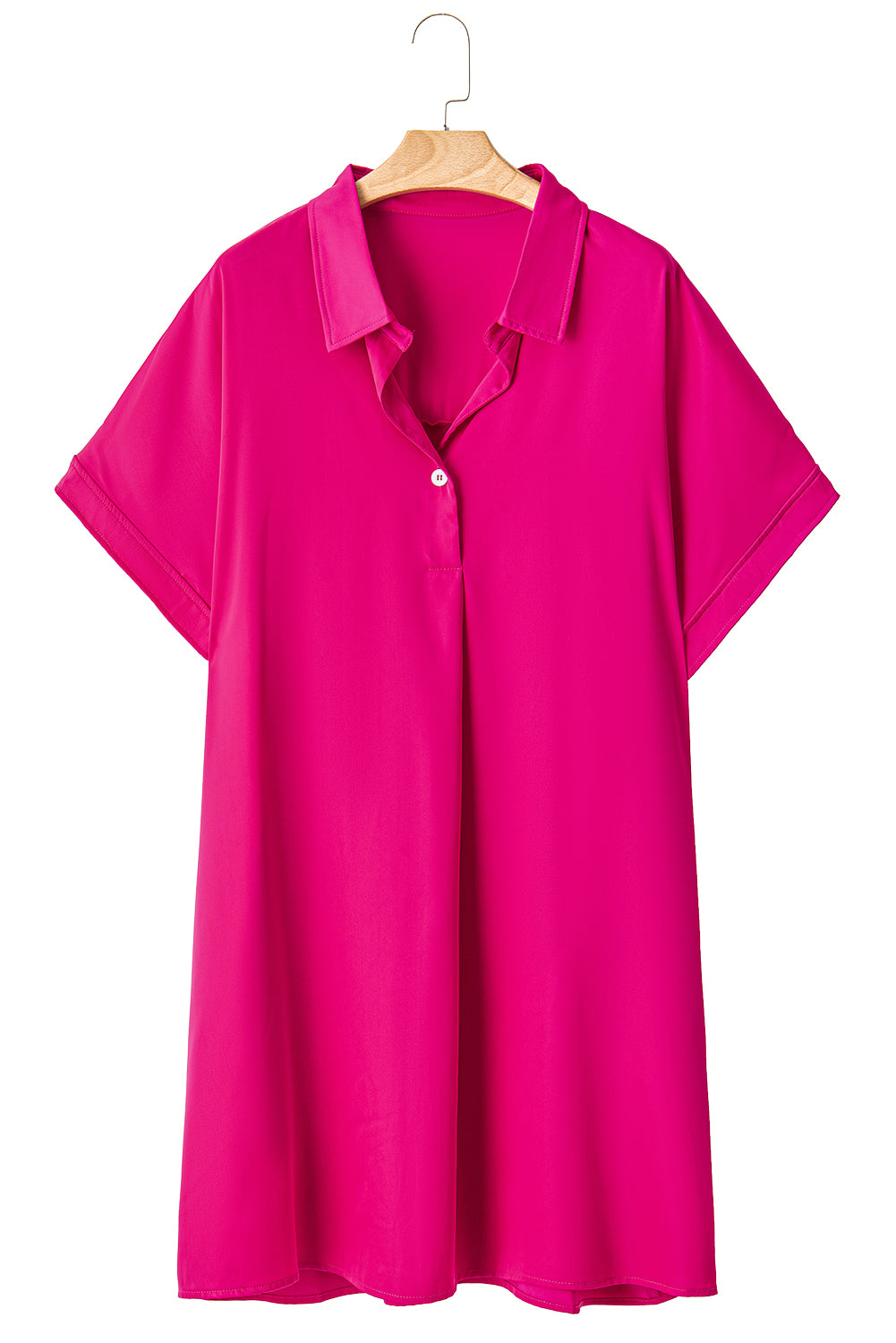 Bright Pink Collared V Neck Short Sleeve Plus Size Dress