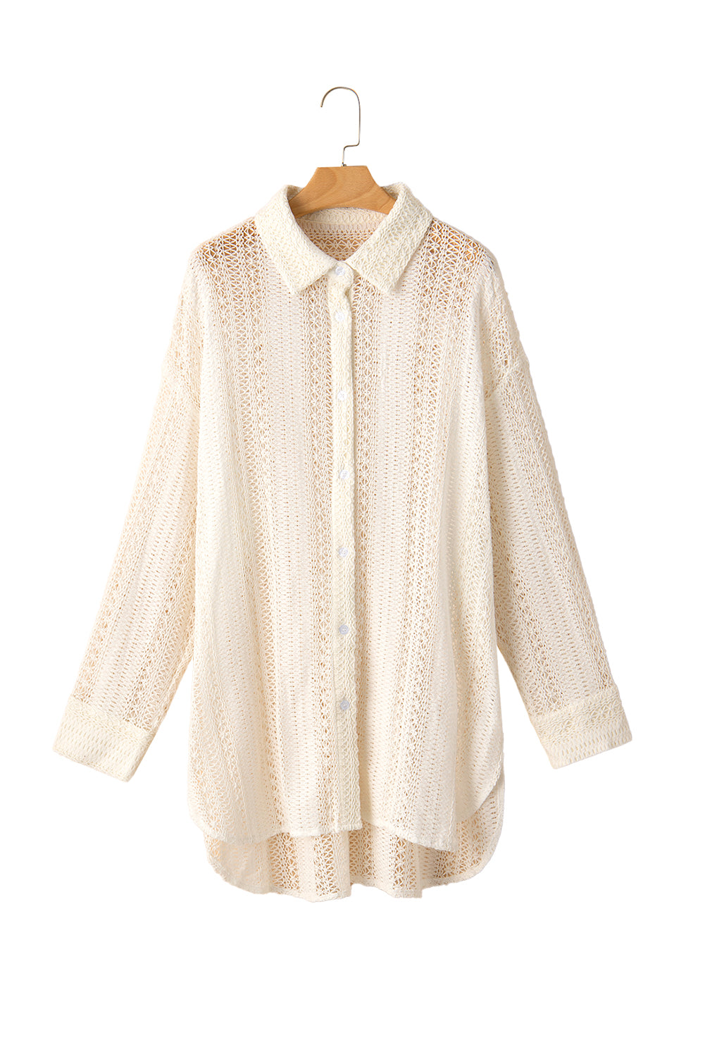 Beige Lace Crochet Collared Button Up Oversized Shirt