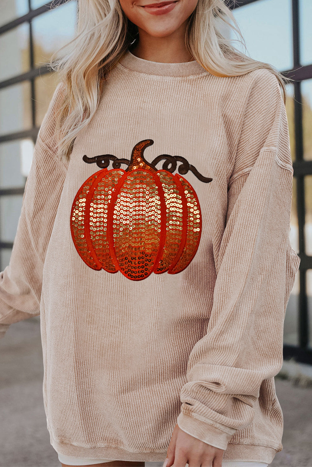 Apricot Crinkle Ribbed Halloween Sequin Pumpkin Graphic Sweatshirt