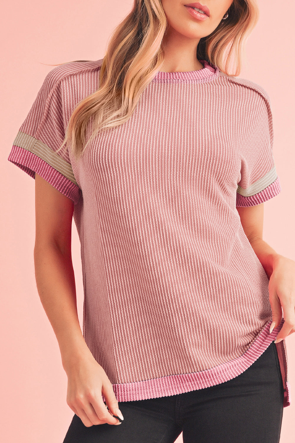 Bright Pink Textured Contrast Color Round Neck T Shirt