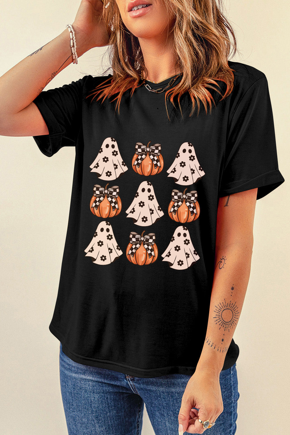 Black Halloween Ghost Pumpkin Graphic Crew Neck T Shirt