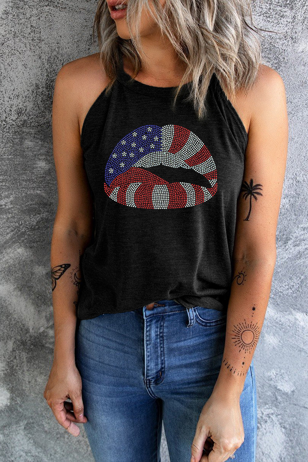 Black Rhinestone American Flag Lip Shape Graphic Tank Top