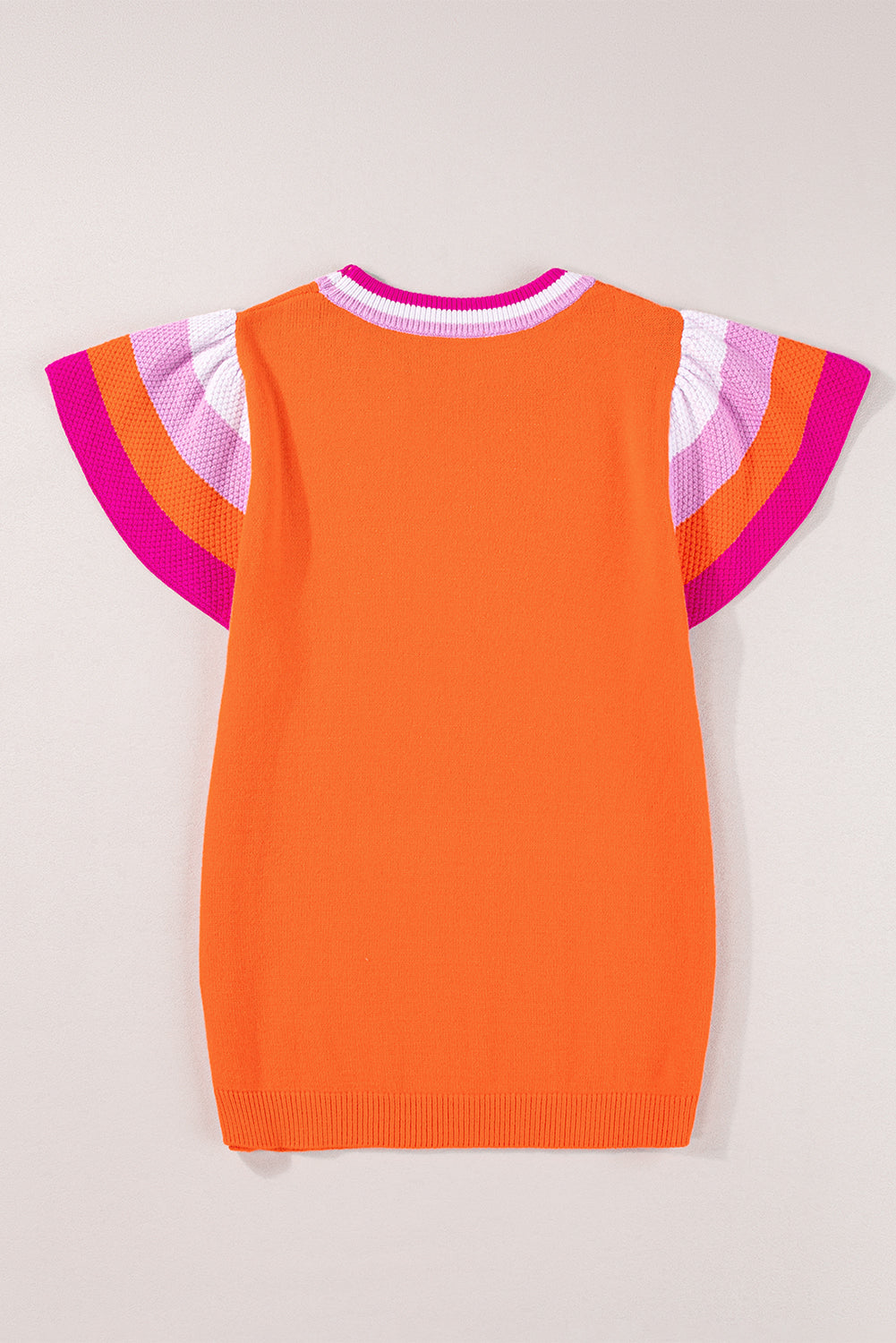 Bright Pink Contrast Sleeve Striped Round Neck Knitted Tee