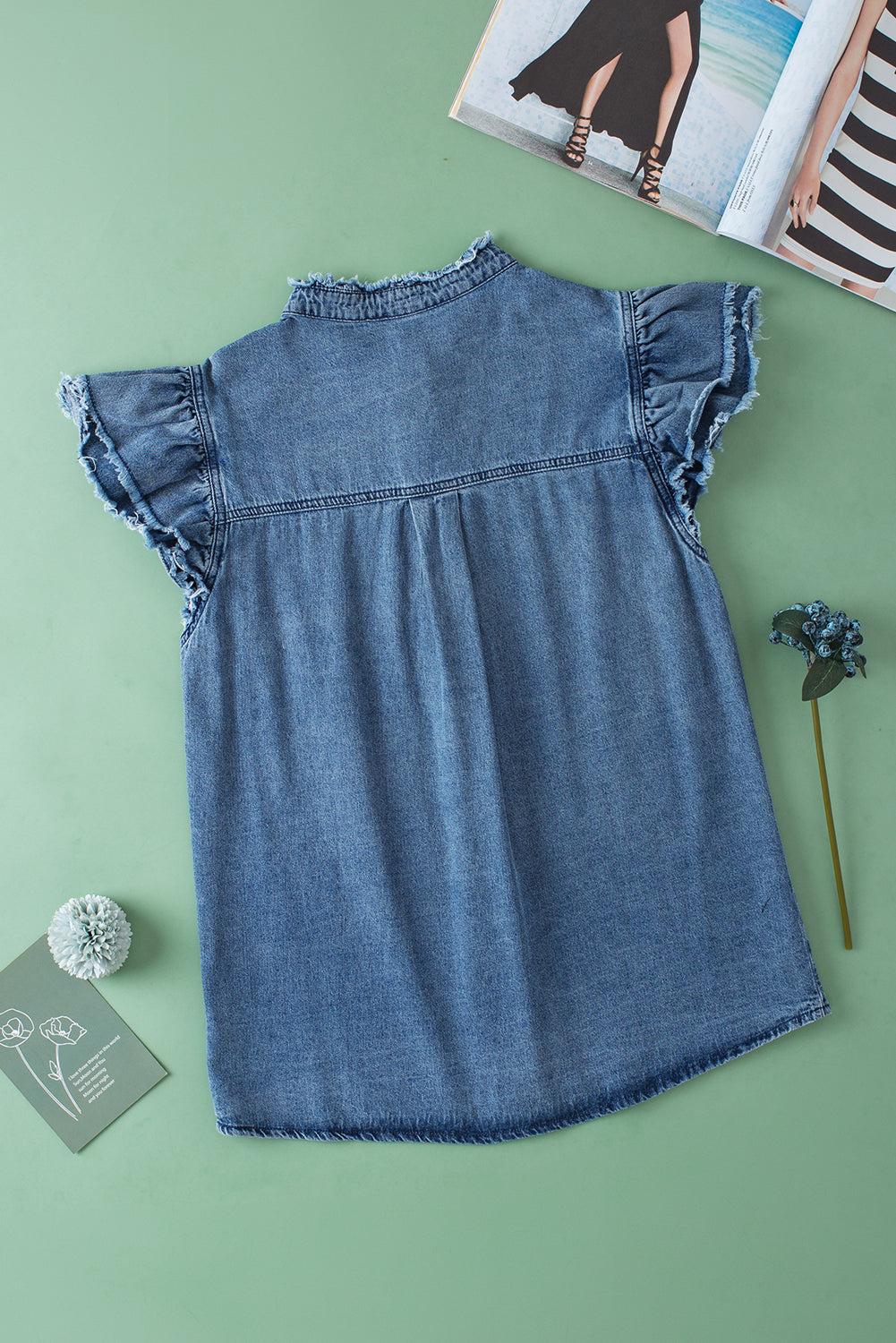 Beau Blue Button Front Ruffled Flutter Frayed Denim Top