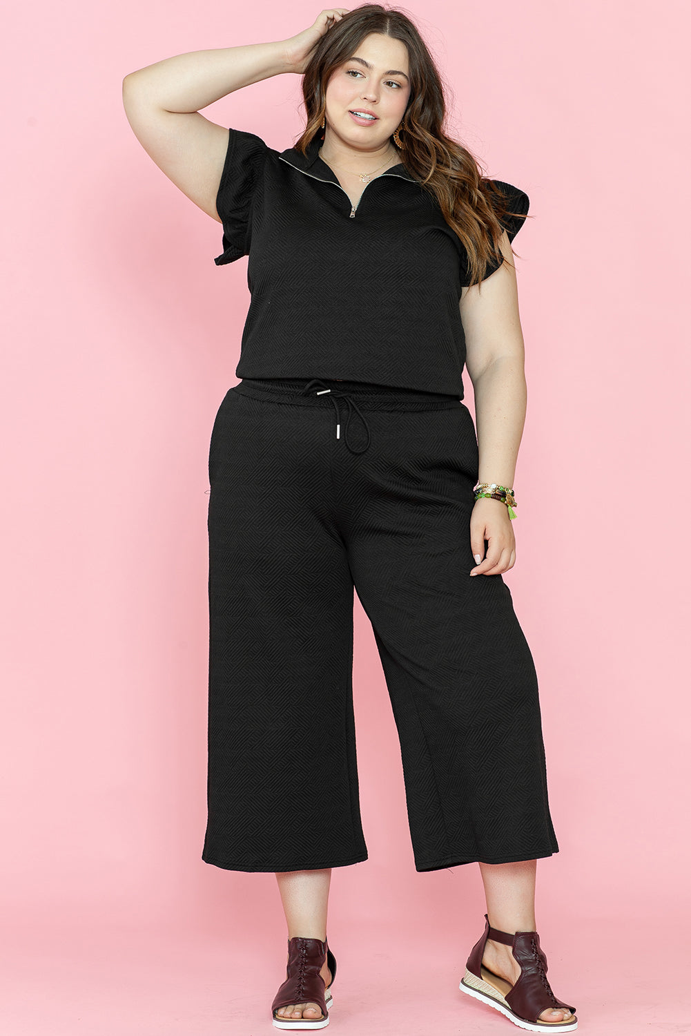 Black Plus Ruffled Sleeve Quarter Zip Top & Wide Leg Pants Set