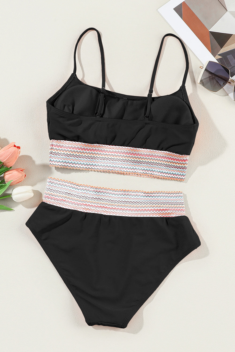 Black Striped Patchwork Spaghetti Strap High Waist Bikini Set