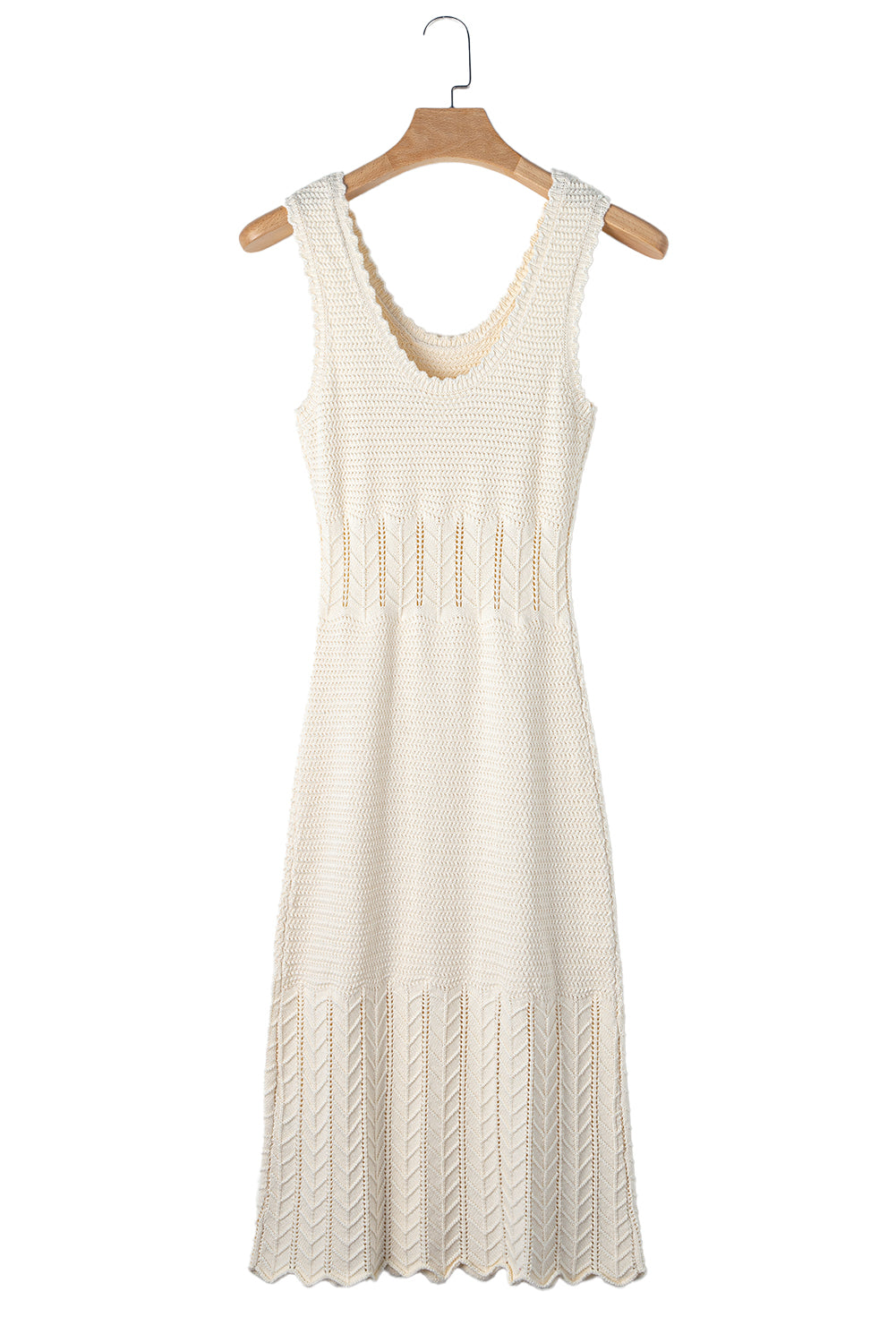 Beige Mix Texture Knitted Ruffle Hem Sleeveless Midi Dress