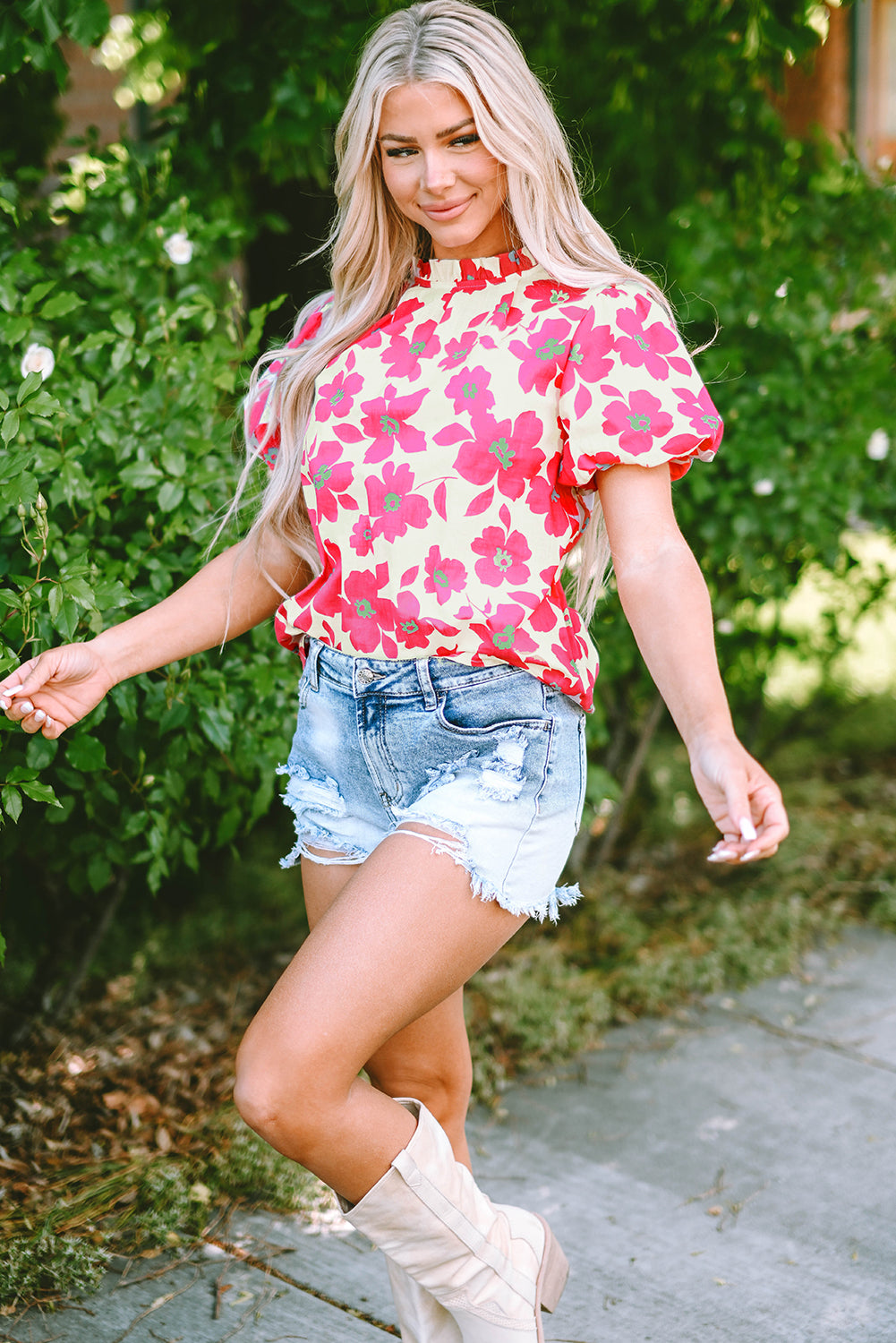 Beige Puff Sleeve Frill Neckline Floral Blouse