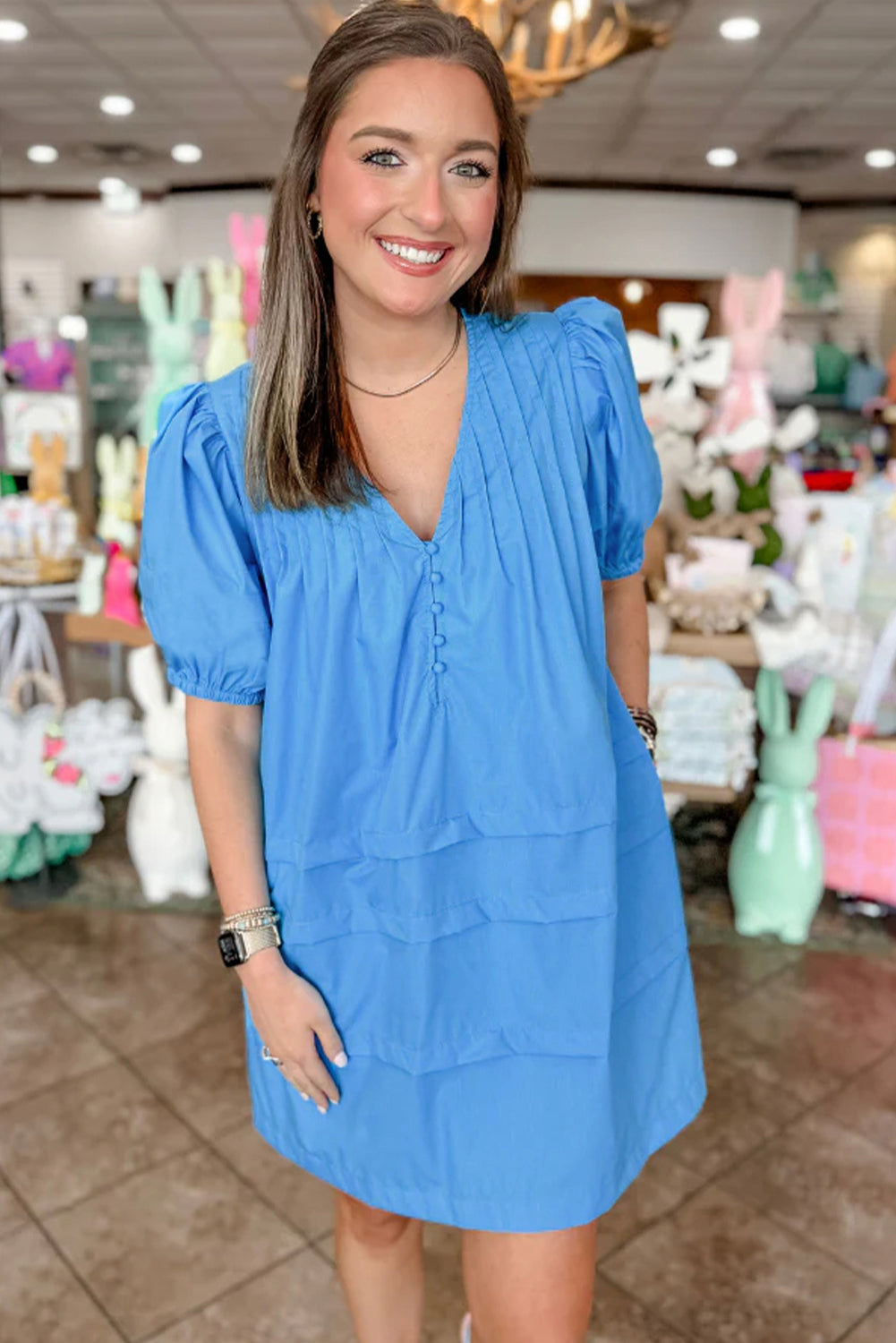 Blue Plain Pleated Button V Neck Puff Sleeve Mini Dress