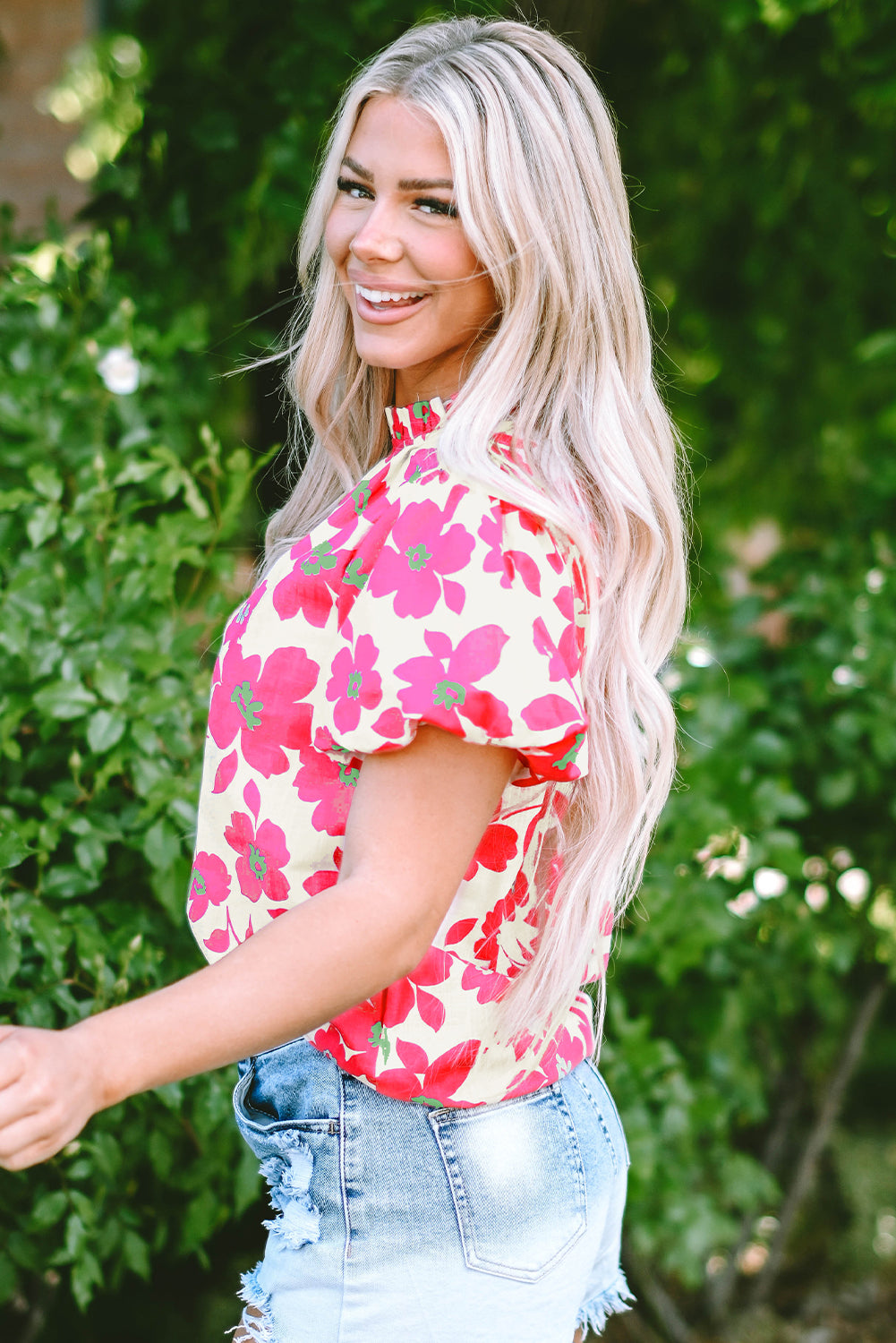 Beige Puff Sleeve Frill Neckline Floral Blouse