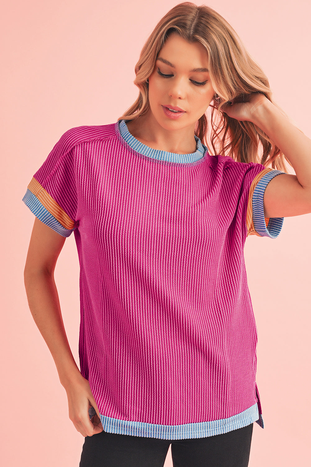 Bright Pink Textured Contrast Color Round Neck T Shirt