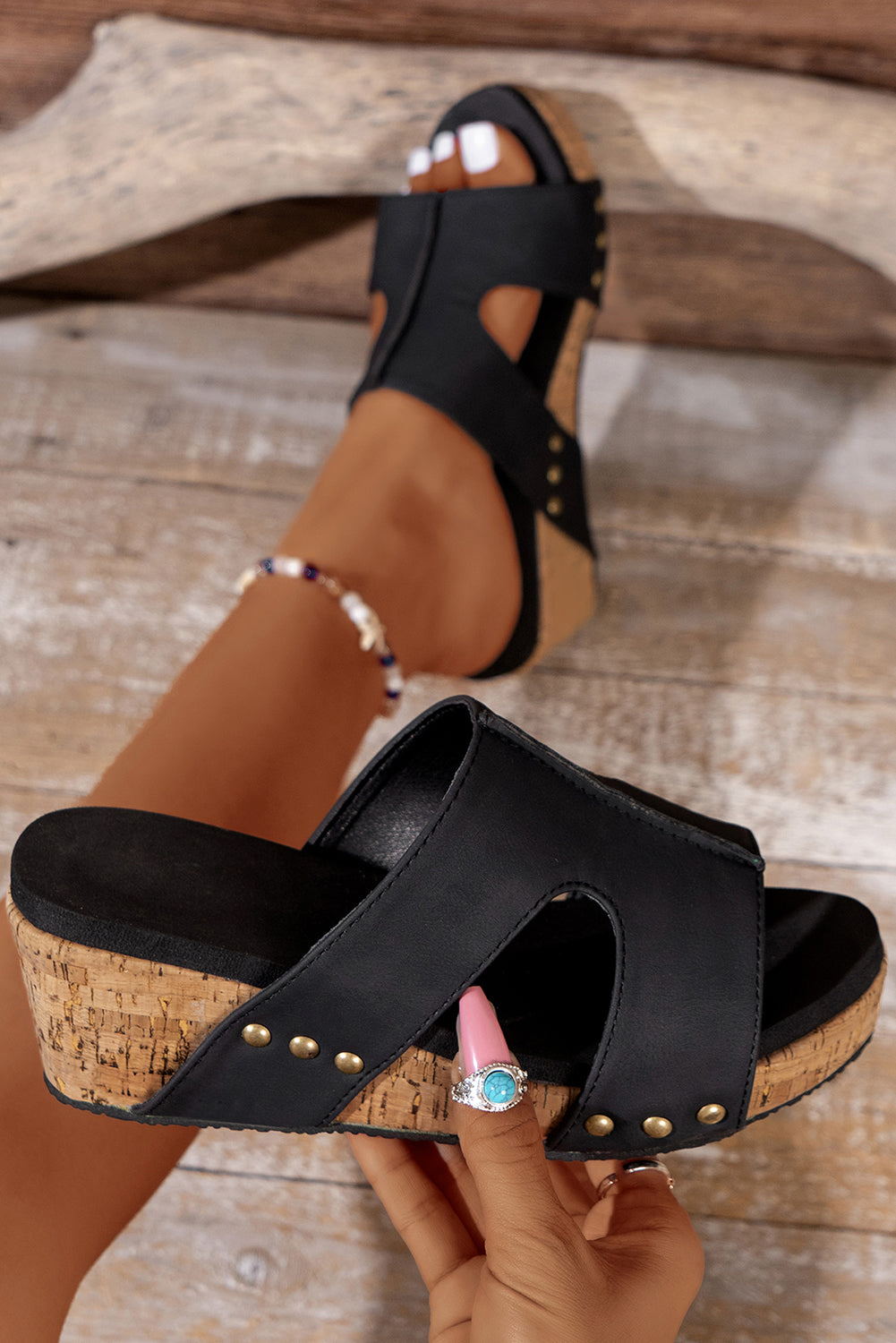 Black Cut Out Rivet Slip-on Wedge Slides Shoes