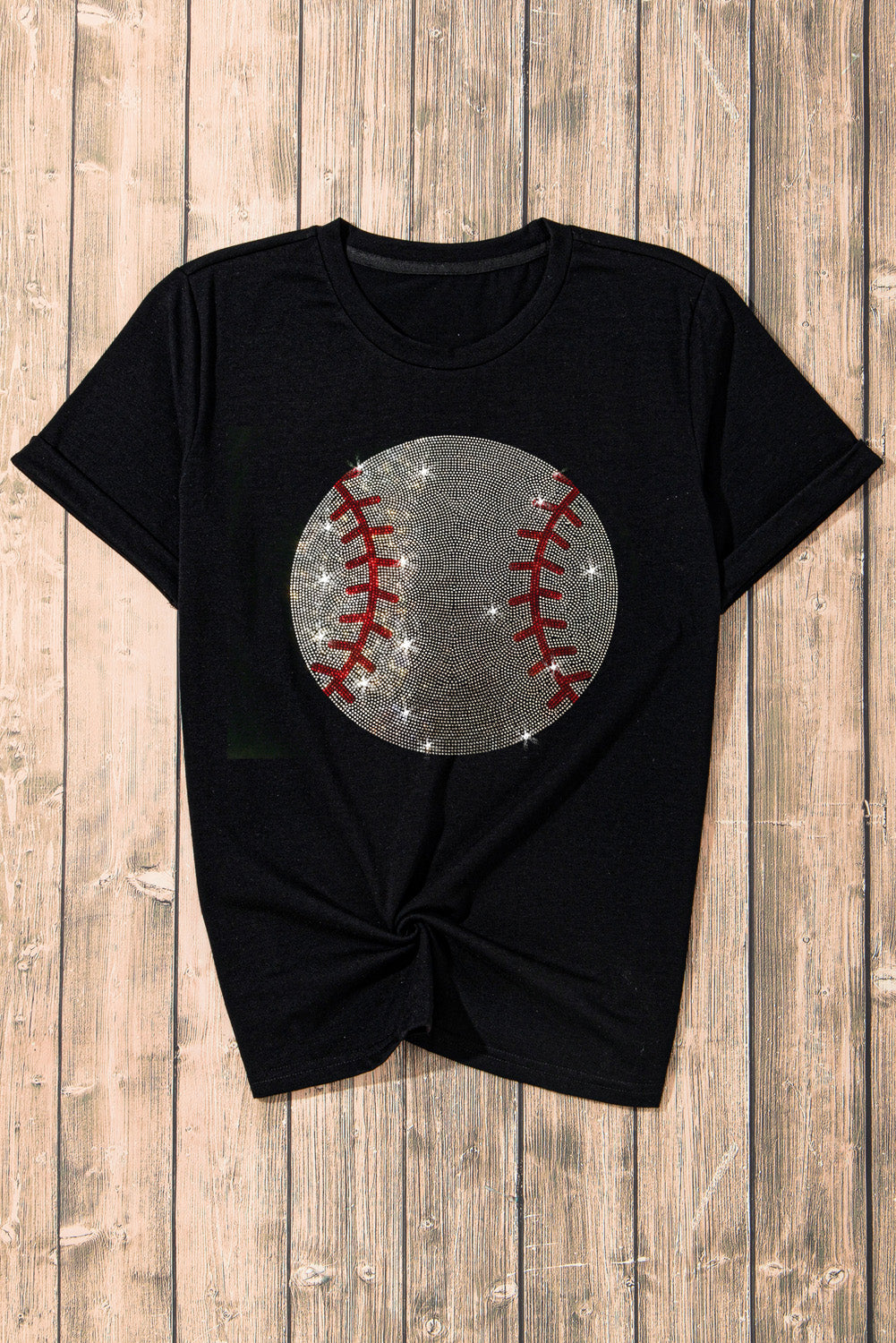 Black Rhinestone Baseball Graphic Round Neck T Shirt