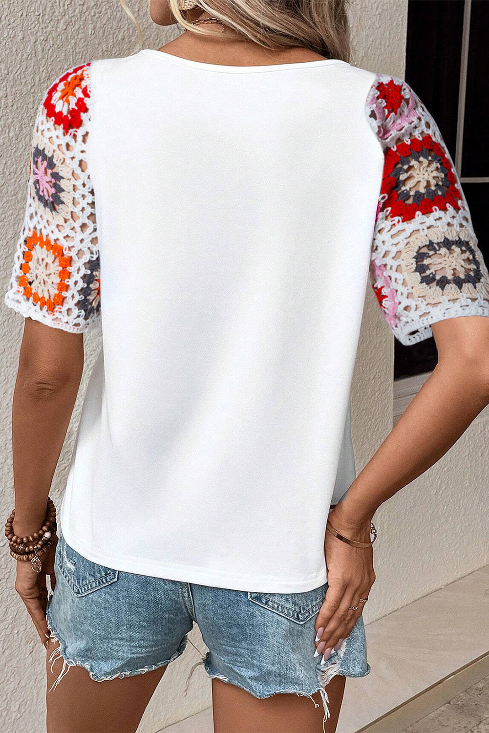 Black Floral Hollowed Crochet Sleeve Boho T Shirt