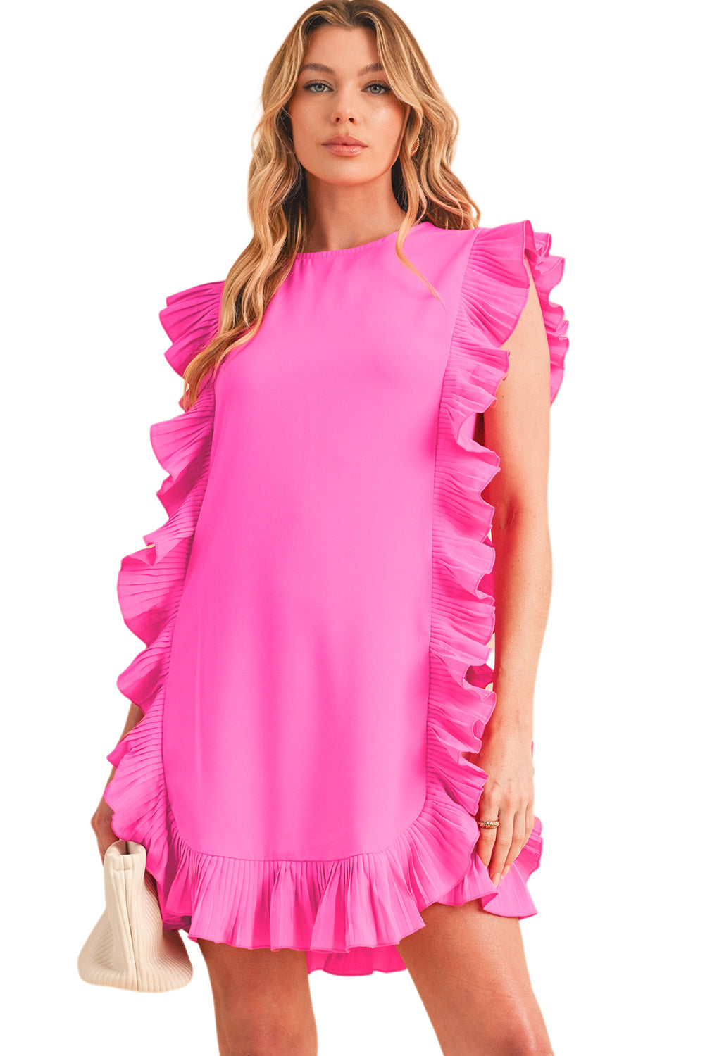 Bright Pink Ruffle Trim Short Sleeve Mini Dress