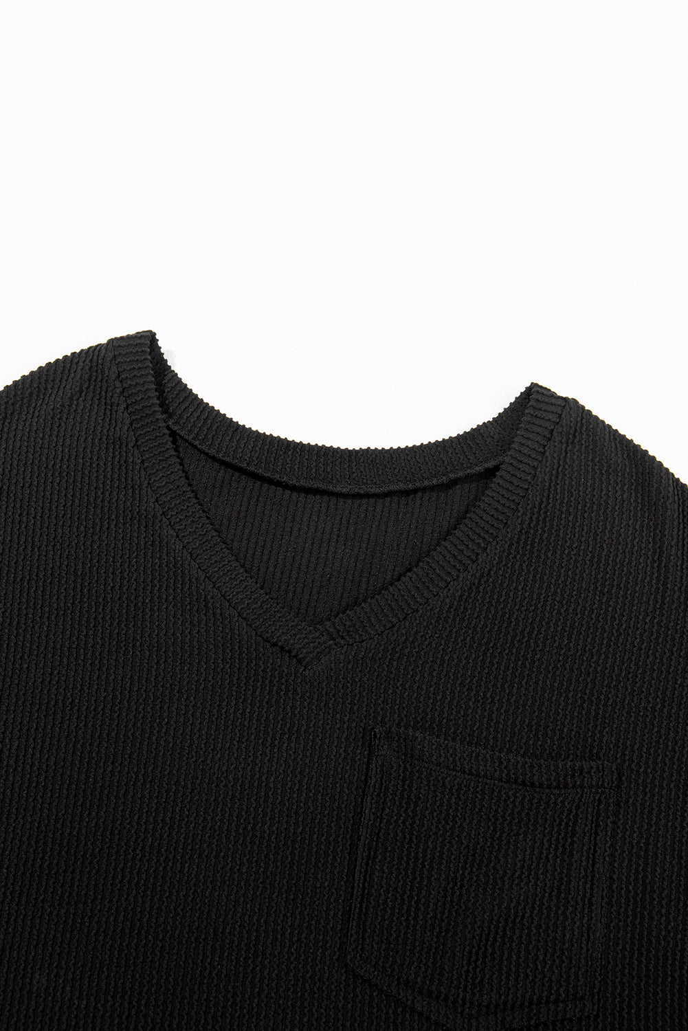 Black Ribbed V Neck Pocket Drop Sleeve T-Shirt