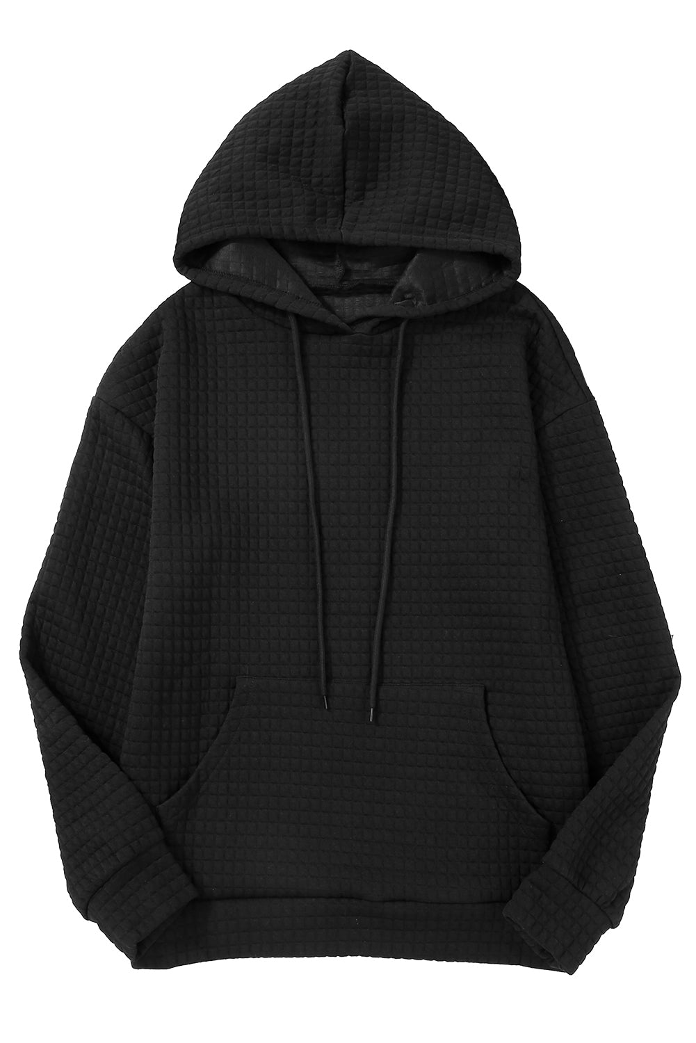 Black Lattice Textured Kangaroo Pocket Drawstring Hoodie