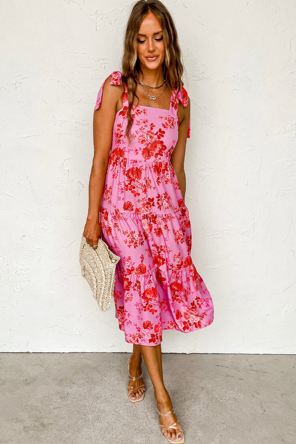 Blue Tie Straps Smocked Tiered Floral Dress