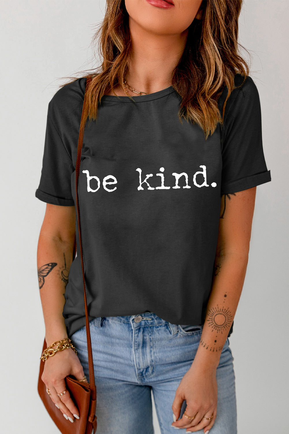 Black Casual be kind Letter Graphic Round Neck T Shirt