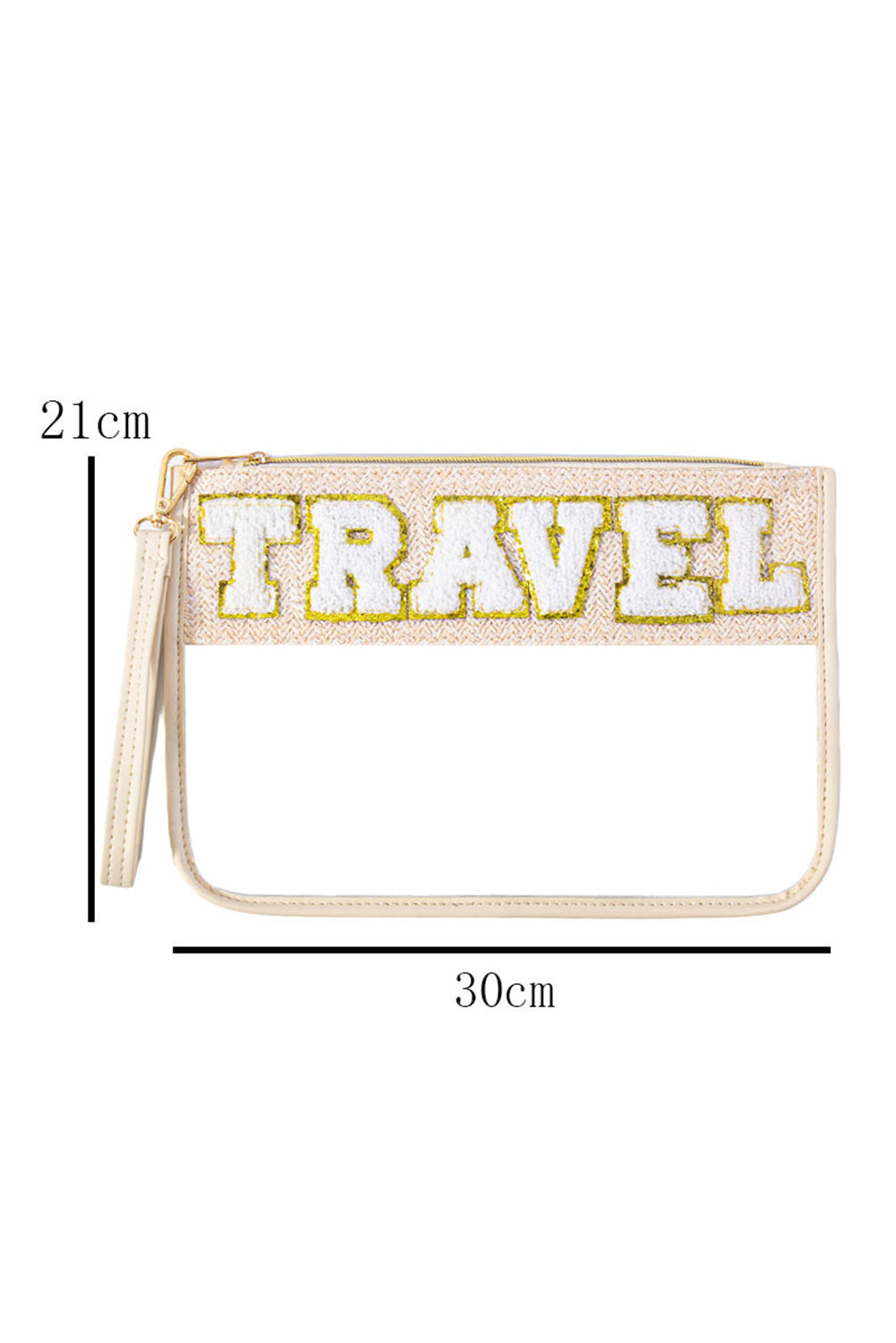 Beige TRAVEL Chenille Embroidered Clear PVC Storage Bag