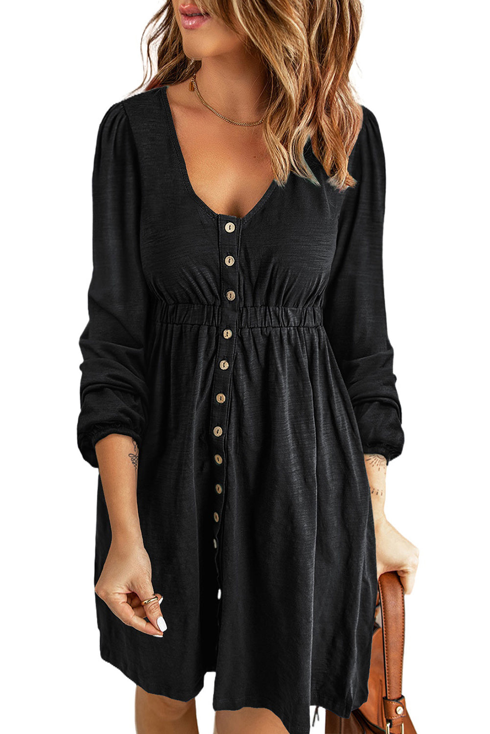 Dark Blue Casual Buttons Up Ruched Waist Short Dress