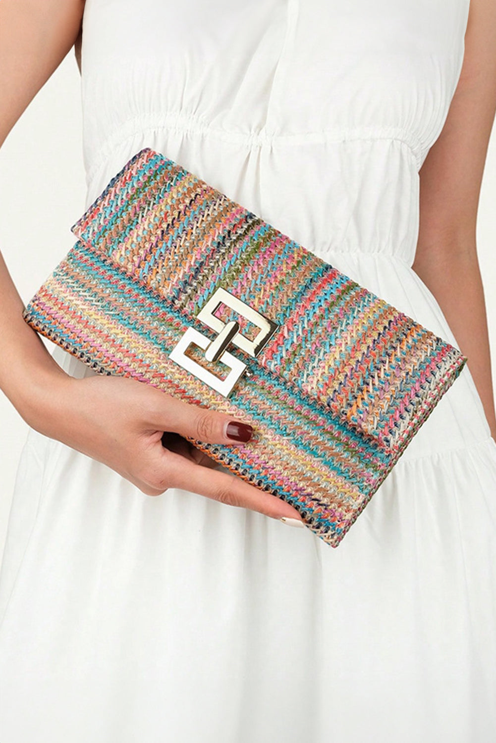 Beige Woven Metal Clasp Flap Clutch