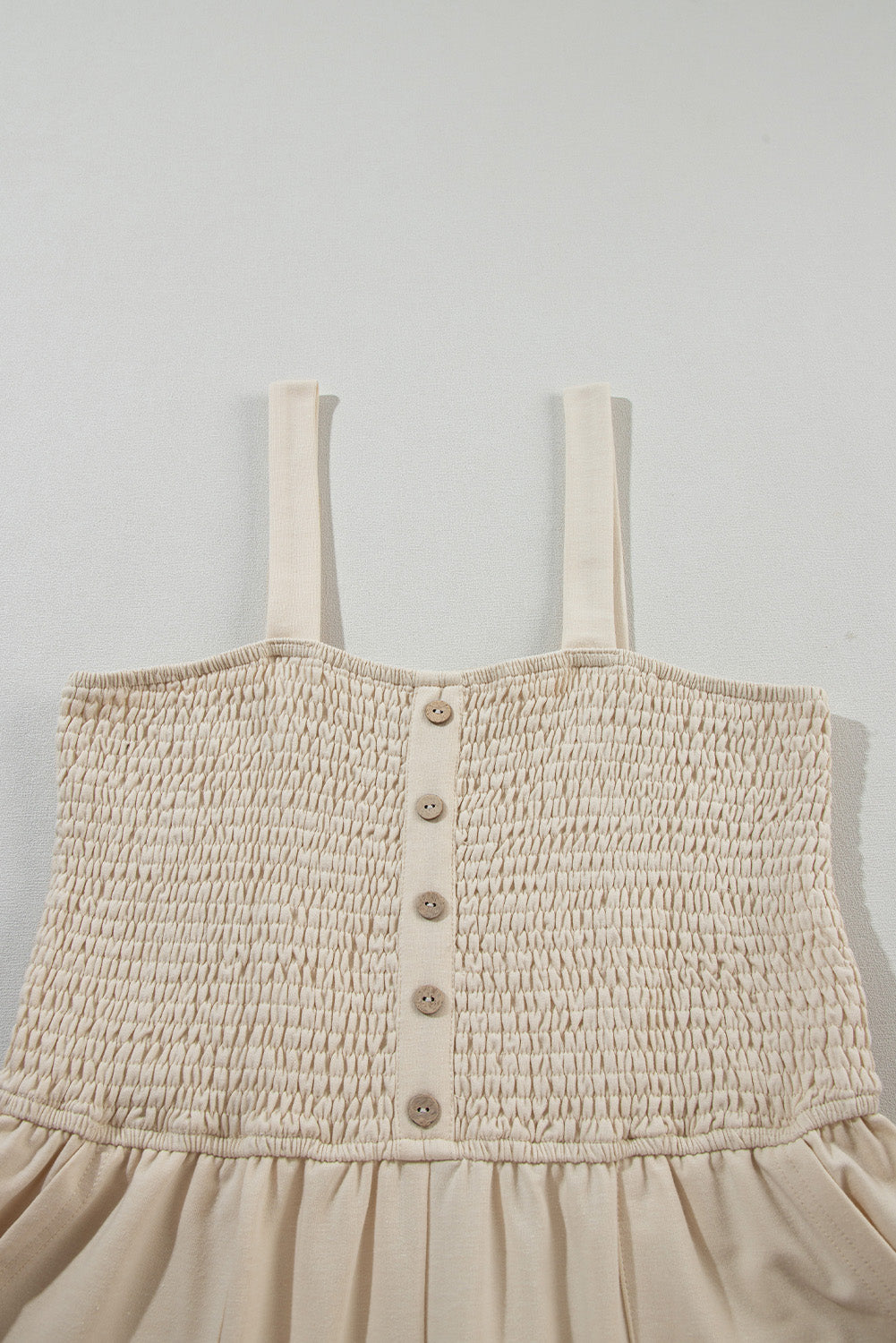 Beige Solid Color Buttons Smocked Sleeveless Romper