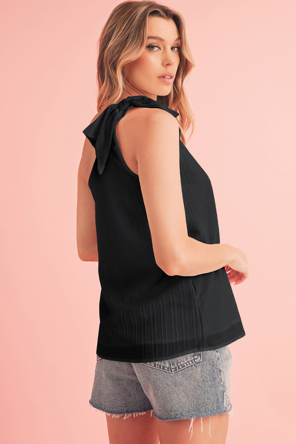 Black Solid Color Asymmetrical Knot Textured Sleeveless Shirt