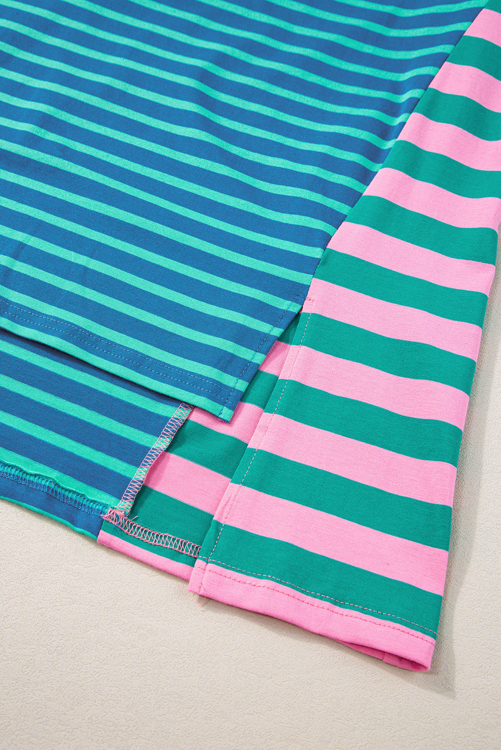 Blue Stripe Patchwork Slits Baggy T Shirt