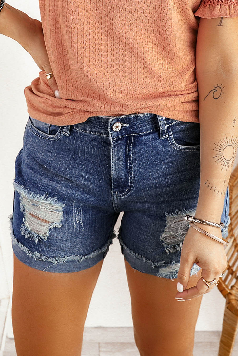 Dark Blue Casual Ripped Rolled Hem Denim Shorts