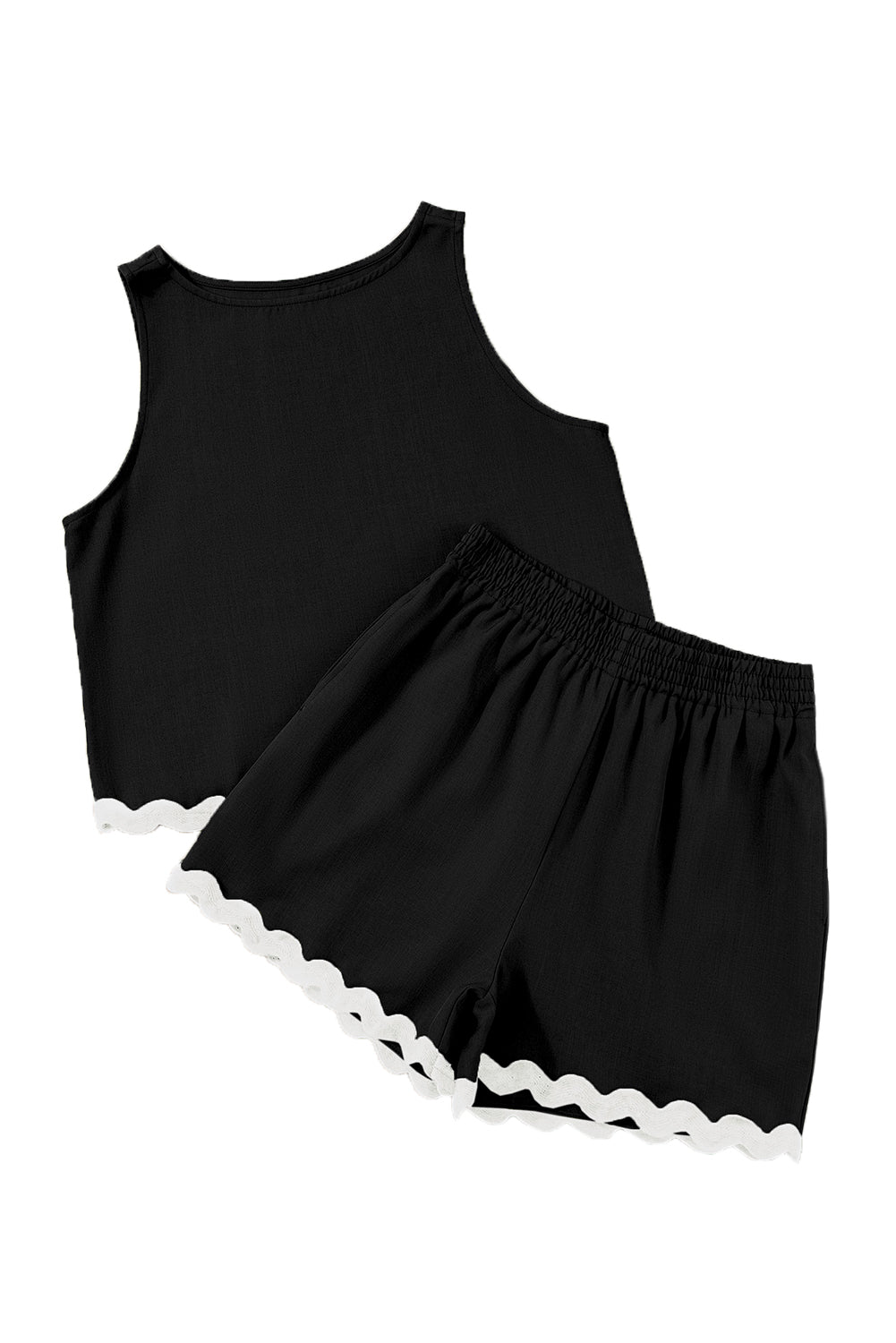 Black Ricrac Applique Sleeveless Top and Pocketed Shorts Set