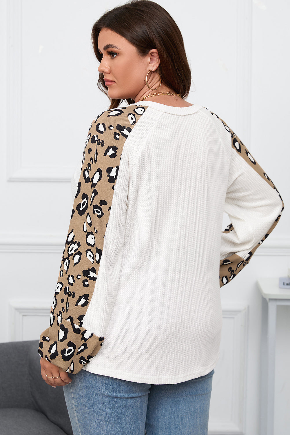 Beige Plus Size Waffle Knit Contrast Leopard Long Sleeve Top