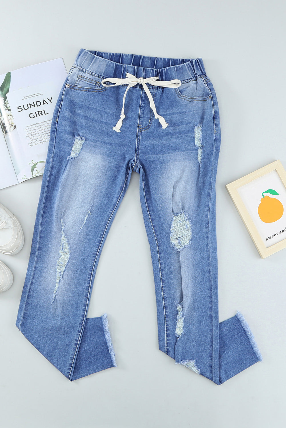 Dark Blue Casual Hole Drawstring Elastic Waist Jeans