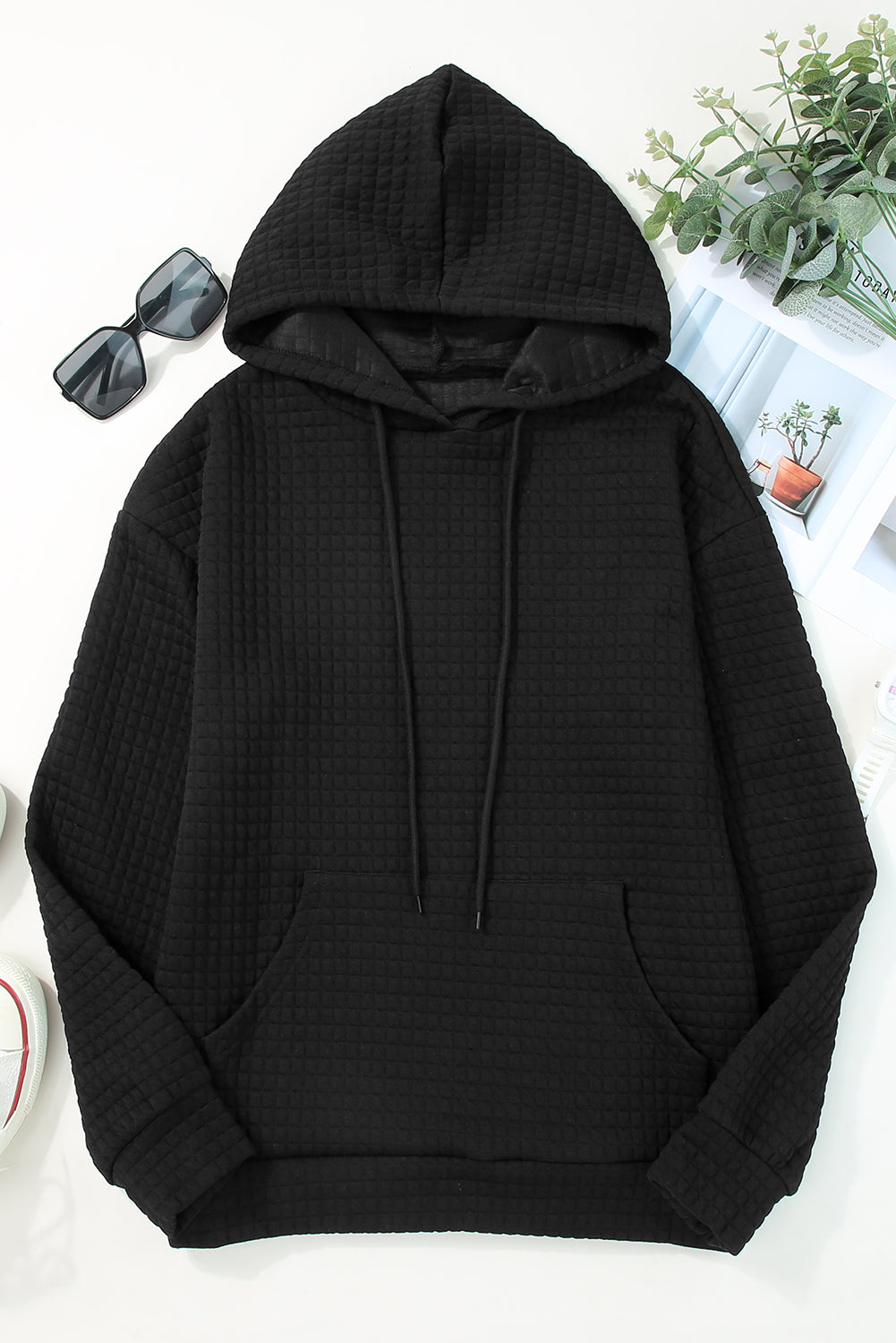 Black Lattice Textured Kangaroo Pocket Drawstring Hoodie