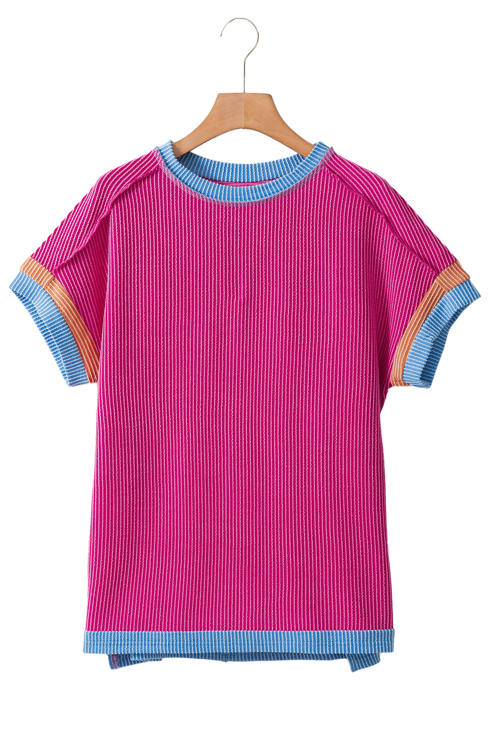 Bright Pink Textured Contrast Color Round Neck T Shirt