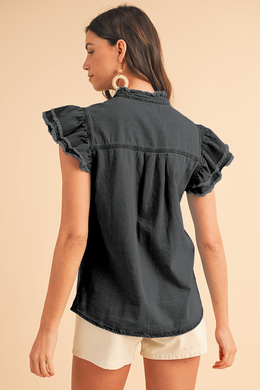 Beau Blue Button Front Ruffled Flutter Frayed Denim Top