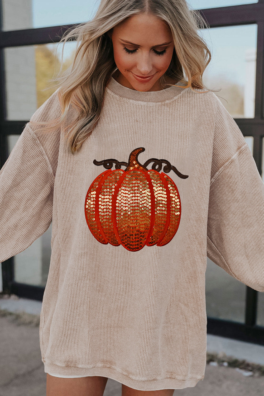 Apricot Crinkle Ribbed Halloween Sequin Pumpkin Graphic Sweatshirt